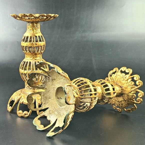 Vintage Brass Ornate Beautiful Candle Holders - Made in Japan - Pair - Picture 7 of 12